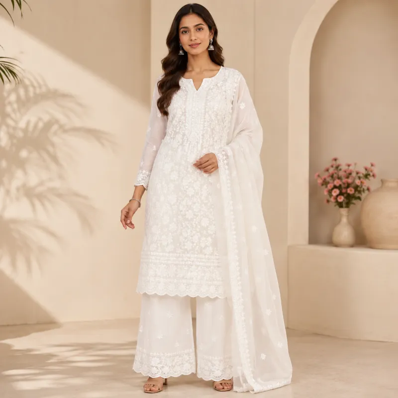 Chikankari Embroidered Kurta Palazzo Set with Dupatta