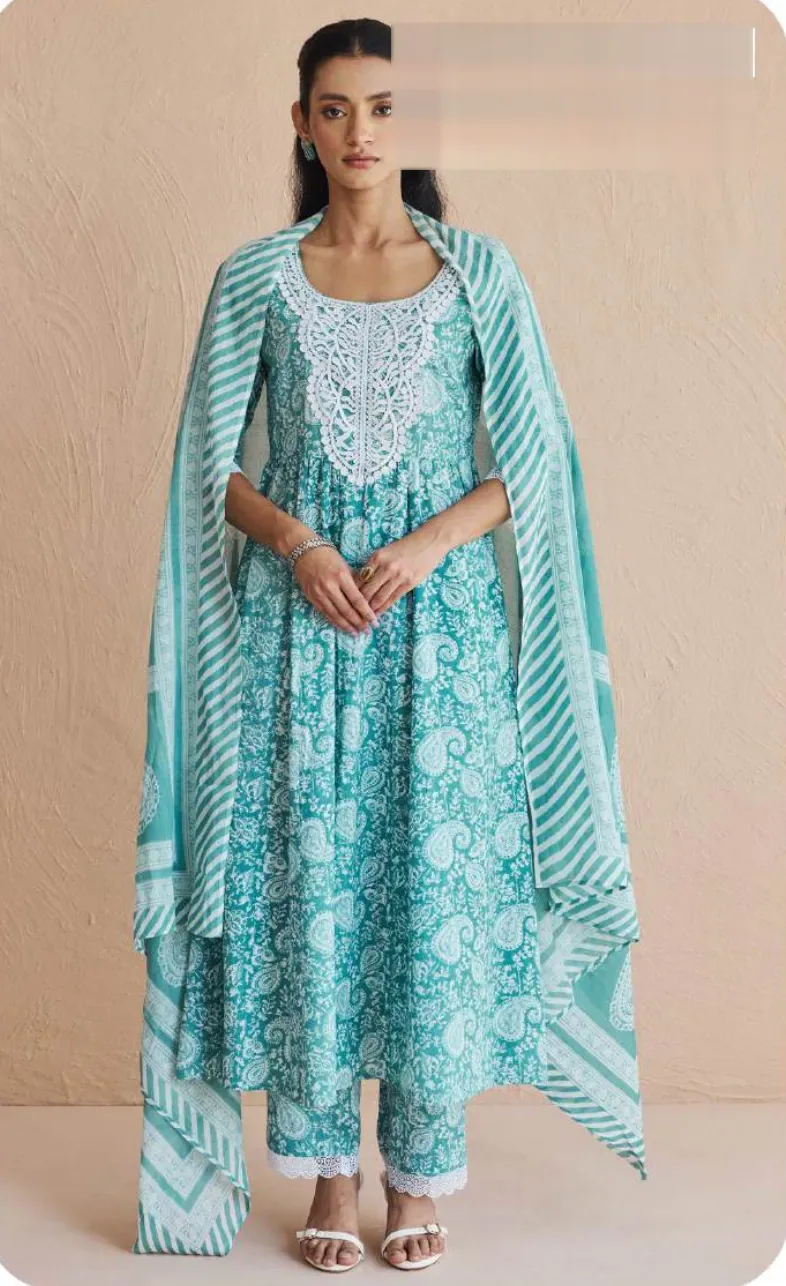 Aqua Blue Floral Print Anarkali Cotton Kurta Set with Dupatta