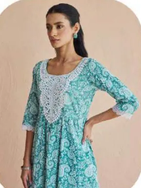 Aqua Blue Floral Print Anarkali Cotton Kurta Set with Dupatta