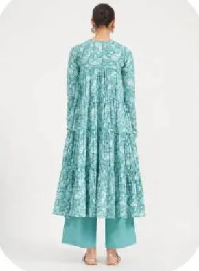 Aqua Floral Print Tiered Anarkali Cotton Kurti