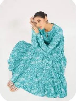 Aqua Floral Print Tiered Anarkali Cotton Kurti