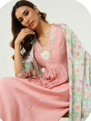Baby Pink Embroidered Viscose Chanderi Kurta Set with Dupatta