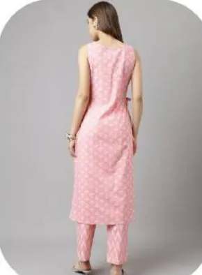 Baby Pink Print Sleeveless Cotton Kurti Pant Set