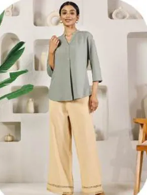 Beige Cotton Palazzo Pants