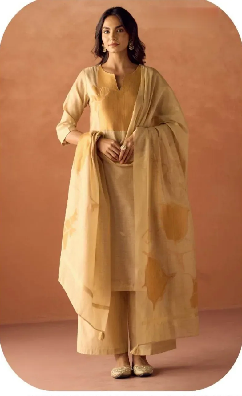 Beige Gold Cotton Blend Jacquard Kurta Palazzo Set with Dupatta
