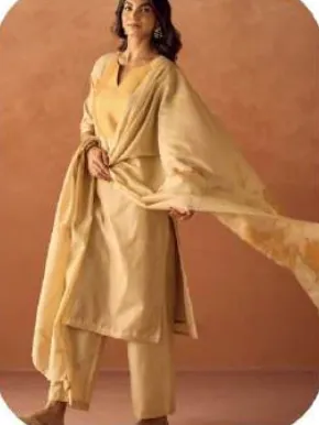 Beige Gold Cotton Blend Jacquard Kurta Palazzo Set with Dupatta