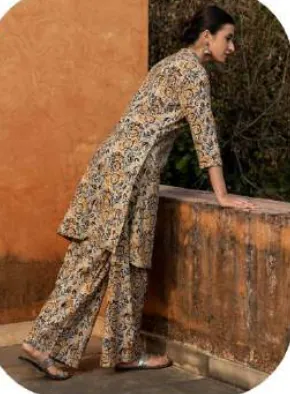 Beige Kalamkari Print Cotton Kurti Pant Set