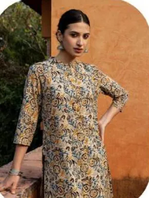 Beige Kalamkari Print Cotton Kurti Pant Set