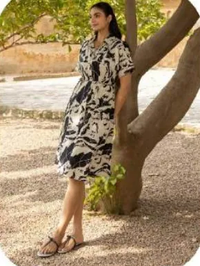 Black Beige Abstract Print Cotton Dress