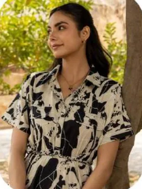 Black Beige Abstract Print Cotton Dress