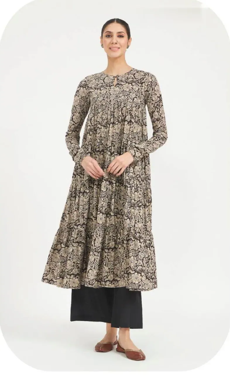 Black-Beige Print Anarkali Cotton Kurti