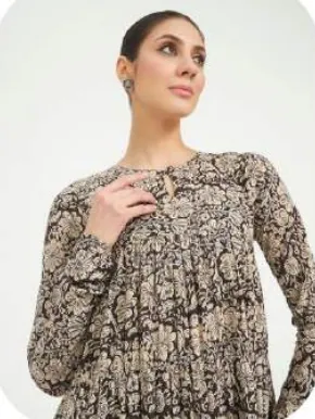 Black-Beige Print Anarkali Cotton Kurti
