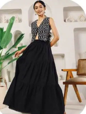 Black Cotton Tiered Skirt