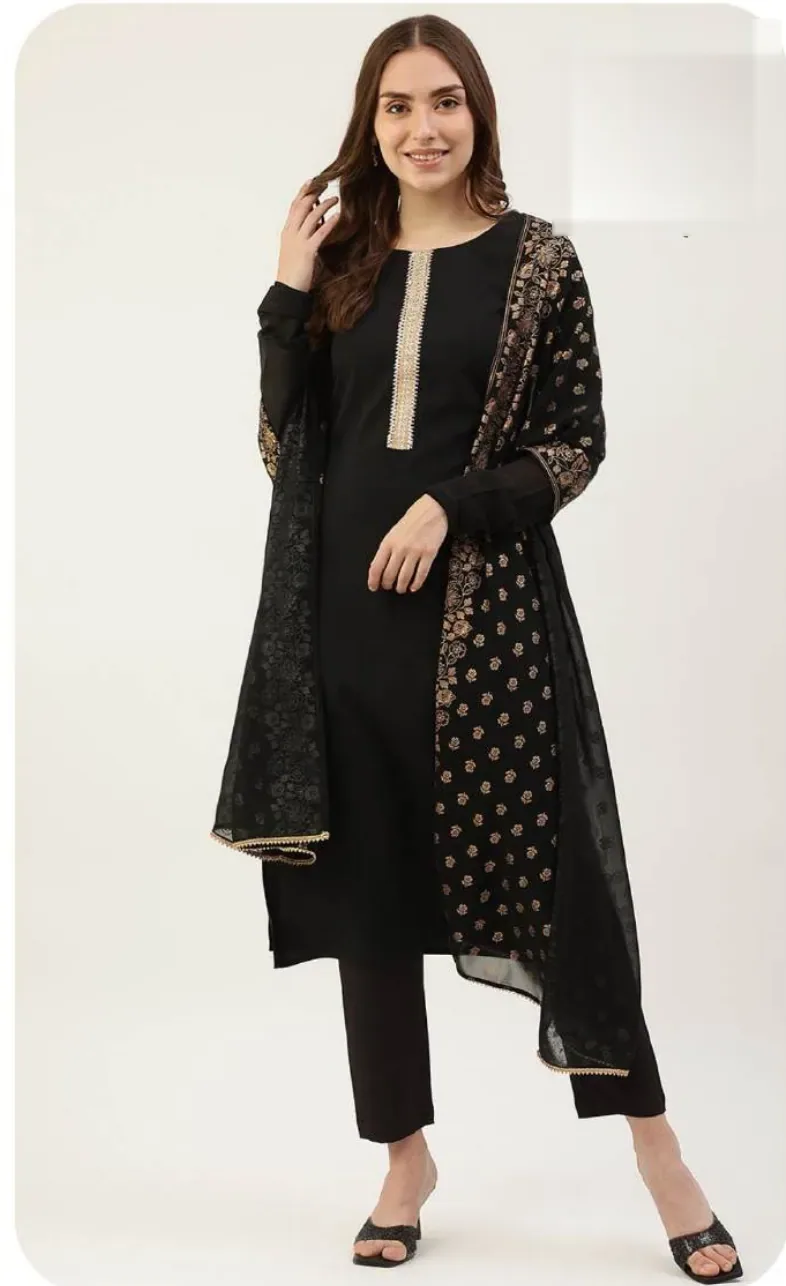 Black Crepe Kurta Set with Dupatta