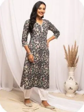 Black Floral Print Straight Cotton Kurti