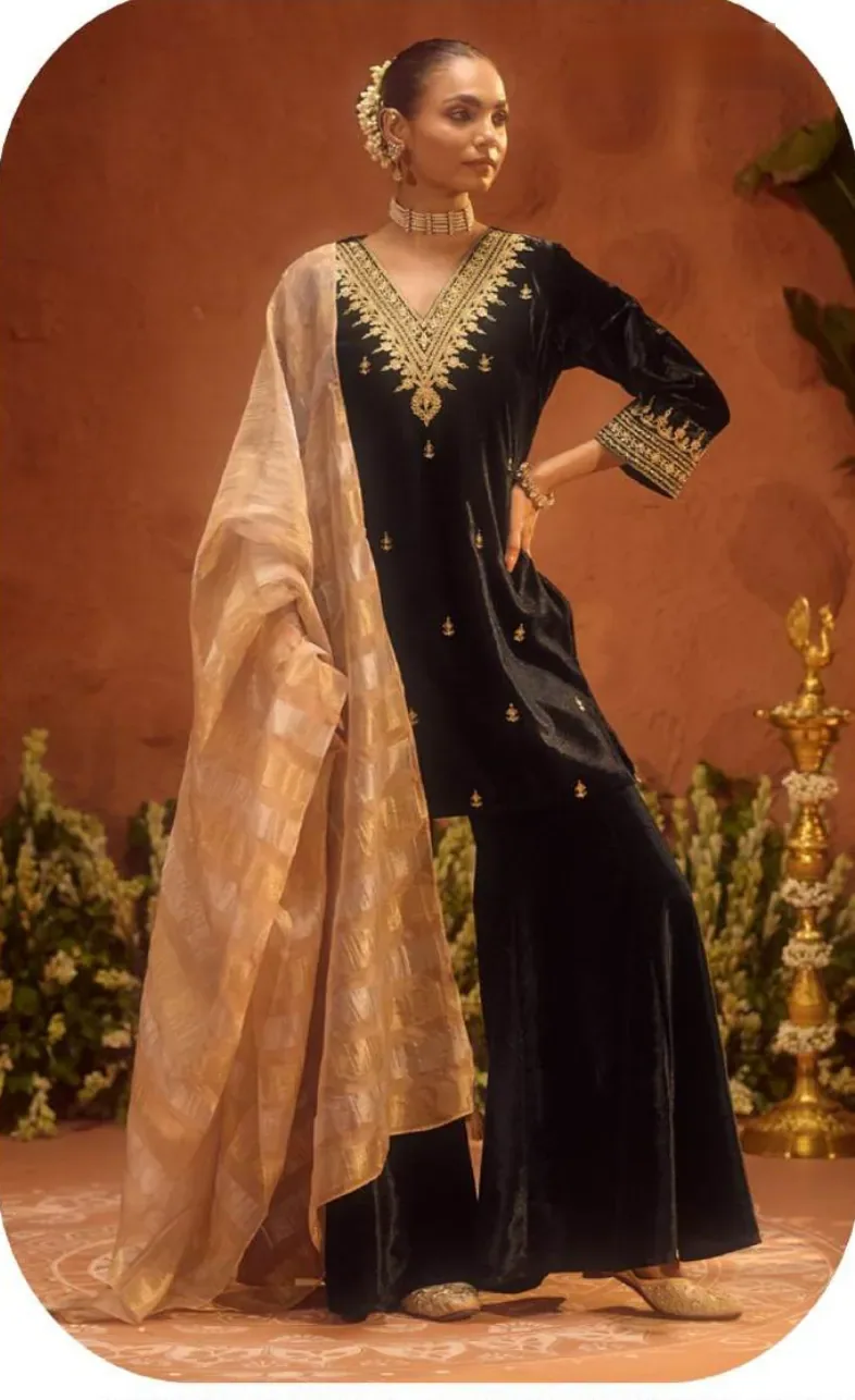 Black Ice Velvet Kurta Palazzo Set with Dupatta