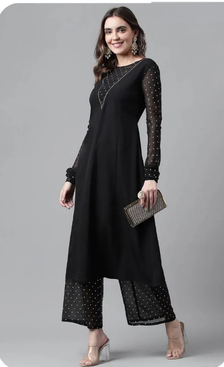Black Poly Crepe Kurti Palazzo Set