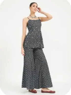 Black Print Strappy Cotton Kurti Pant Set
