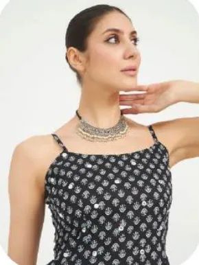 Black Print Strappy Cotton Kurti Pant Set