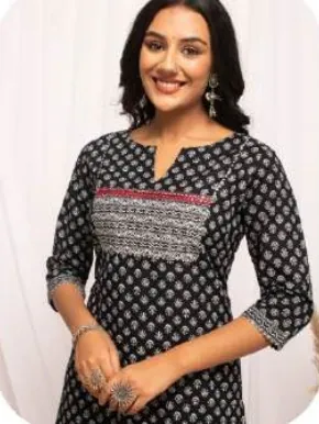 Black Printed Straight Cotton Kurti
