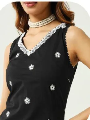 Black White Embroidered Cotton Kurta Set with Dupatta