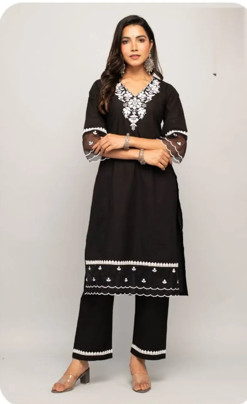 Black White Embroidered Cotton Kurti Pant Set