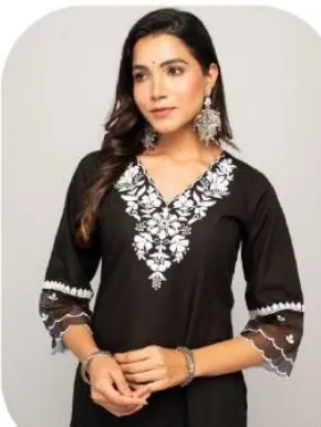 Black White Embroidered Cotton Kurti Pant Set
