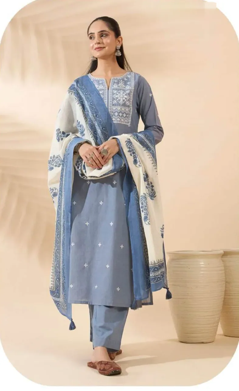 Blue Embroidered Cotton Kurta Set with Dupatta