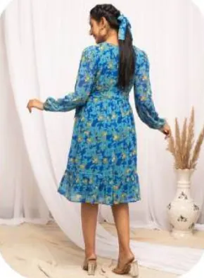 Blue Floral Print Wrap Midi Georgette Dress