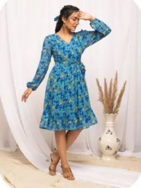 Blue Floral Print Wrap Midi Georgette Dress