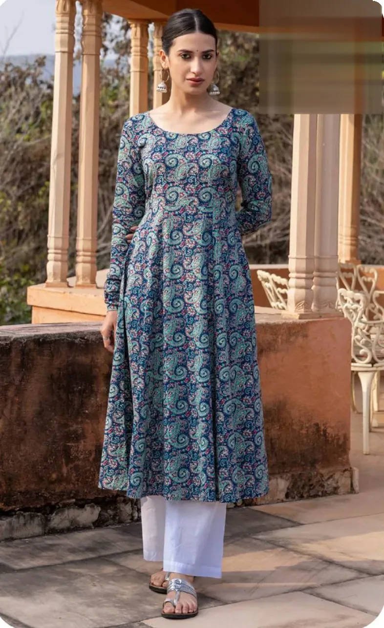 Blue Paisley Print Flared Cotton Kurti