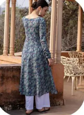 Blue Paisley Print Flared Cotton Kurti