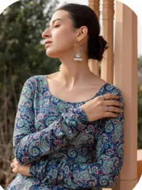 Blue Paisley Print Flared Cotton Kurti