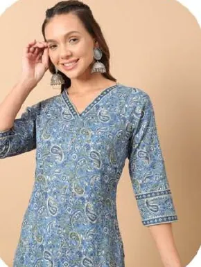Blue Print Cotton Kurti Pant Set