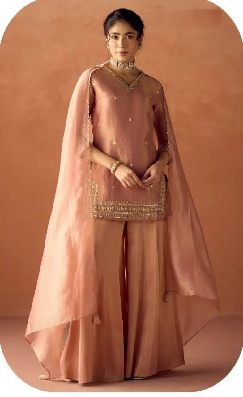 Blush Peach Tissue Blend Kurta Palazzo Set with Dupatta