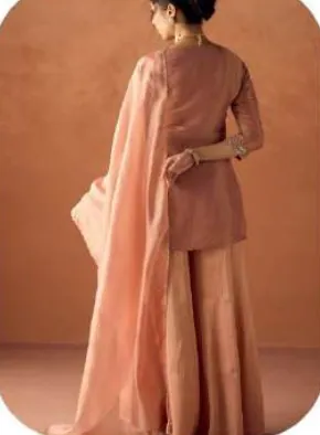 Blush Peach Tissue Blend Kurta Palazzo Set with Dupatta