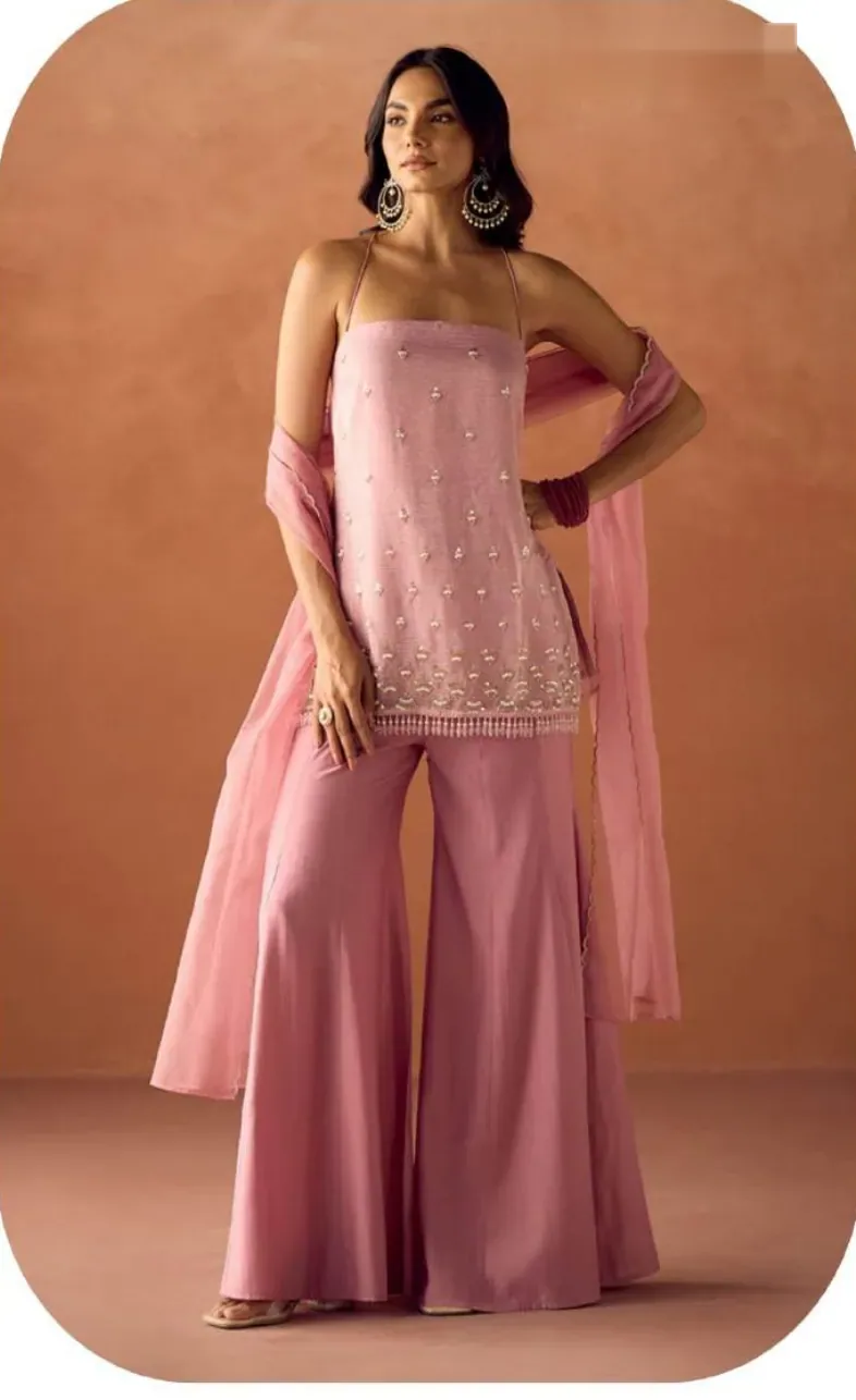 Blush Pink Crush Organza Kurta Sharara Set with Dupatta