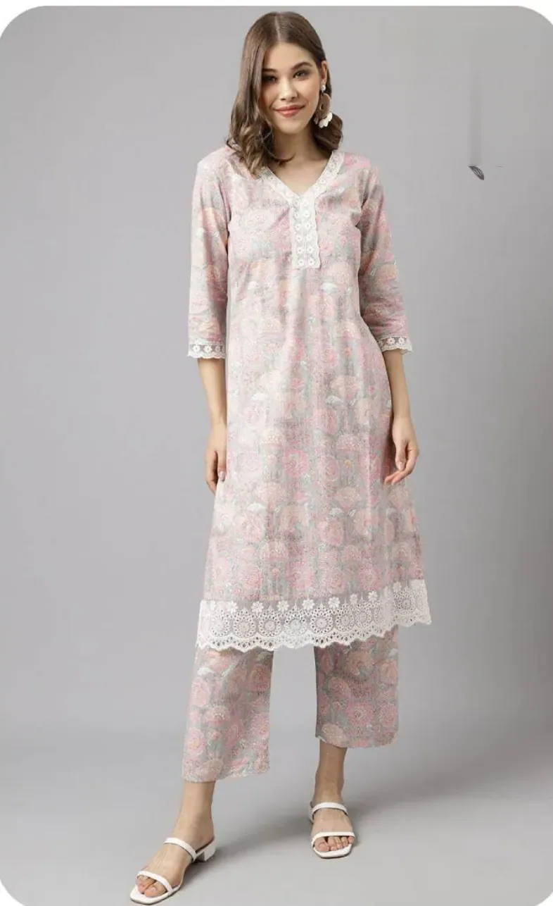 Blush Pink Print Cotton Kurti Pant Set