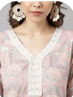 Blush Pink Print Cotton Kurti Pant Set