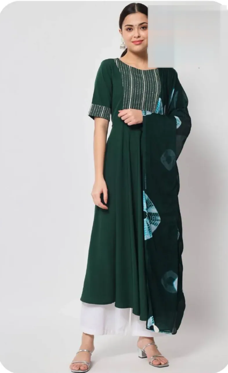 Bottle Green Anarkali Crepe Kurti with Dupatta