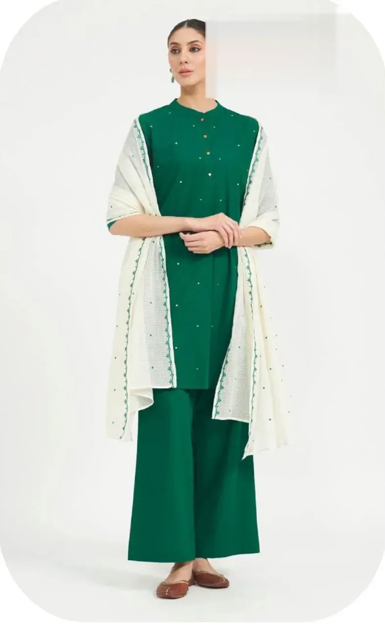 Bottle Green Cotton Kurta Palazzo Set with Dupatta