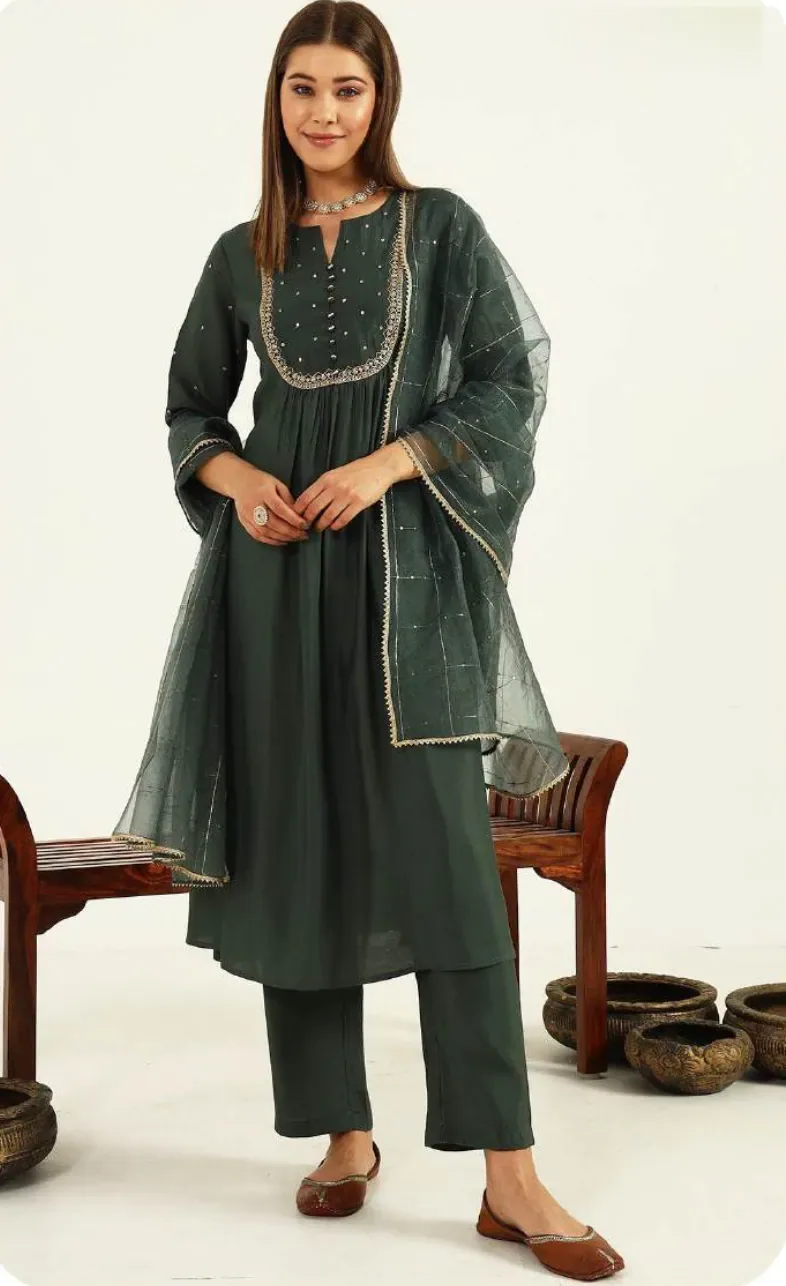 Bottle Green Viscose Chanderi Kurta Set with Dupatta