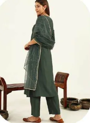 Bottle Green Viscose Chanderi Kurta Set with Dupatta