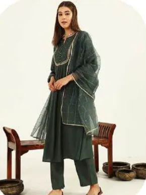 Bottle Green Viscose Chanderi Kurta Set with Dupatta