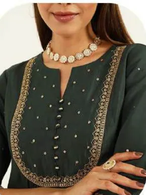 Bottle Green Viscose Chanderi Kurta Set with Dupatta
