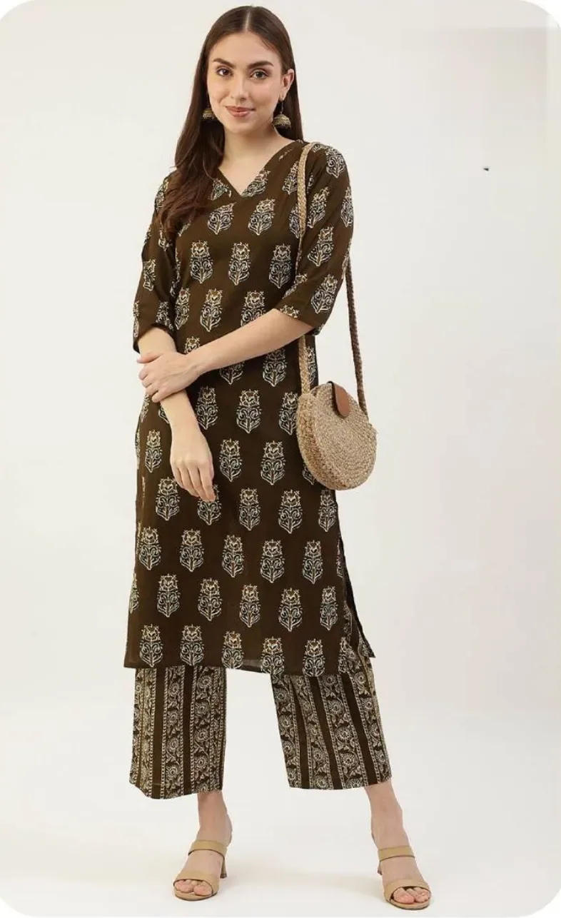 Brown Block Print Cotton Kurti Pant Set