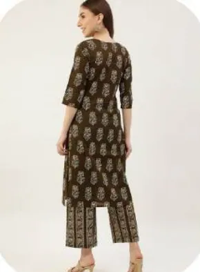 Brown Block Print Cotton Kurti Pant Set