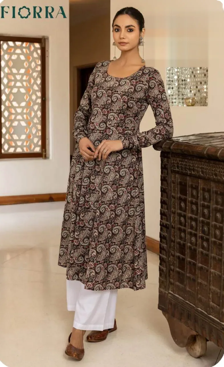 Brown Floral Print Cotton Kurti
