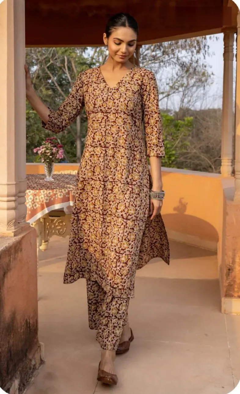 Brown Floral Print Cotton Kurti Pant Set