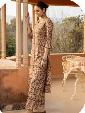 Brown Floral Print Cotton Kurti Pant Set